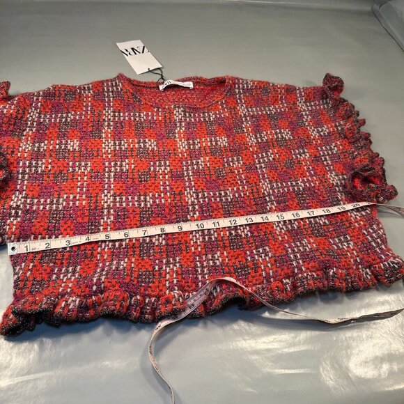 Zara Cropped Blouse Plaid Tweed Sweater Top Womens Knit Ruffled Sleeves Wool - Picture 10 of 16